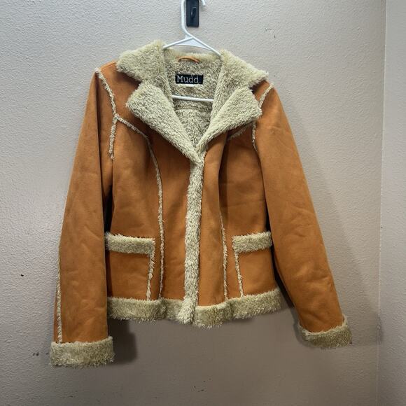 Mudd Y2K 90s Pennylane Coat Jacket Orange Faux Shearling Fur Suede Boho Hippie - Picture 1 of 6